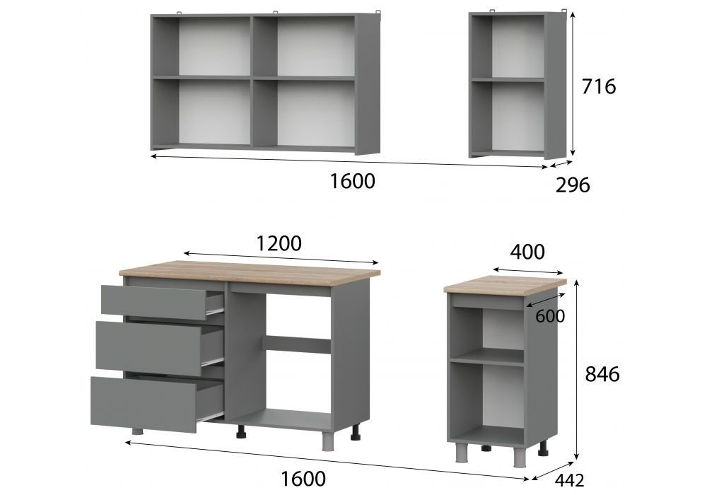 фото кухня woodville сибити 1600 графит серый / дуб сонома 582746 | 220svet.ru