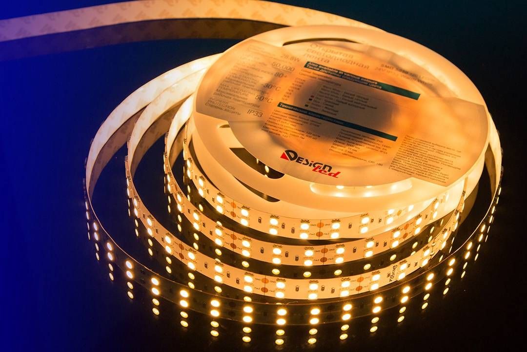 фото влагозащищенная лента designled 28,8w/m 120led/m 5050smd теплый белый 5m 000523 | 220svet.ru