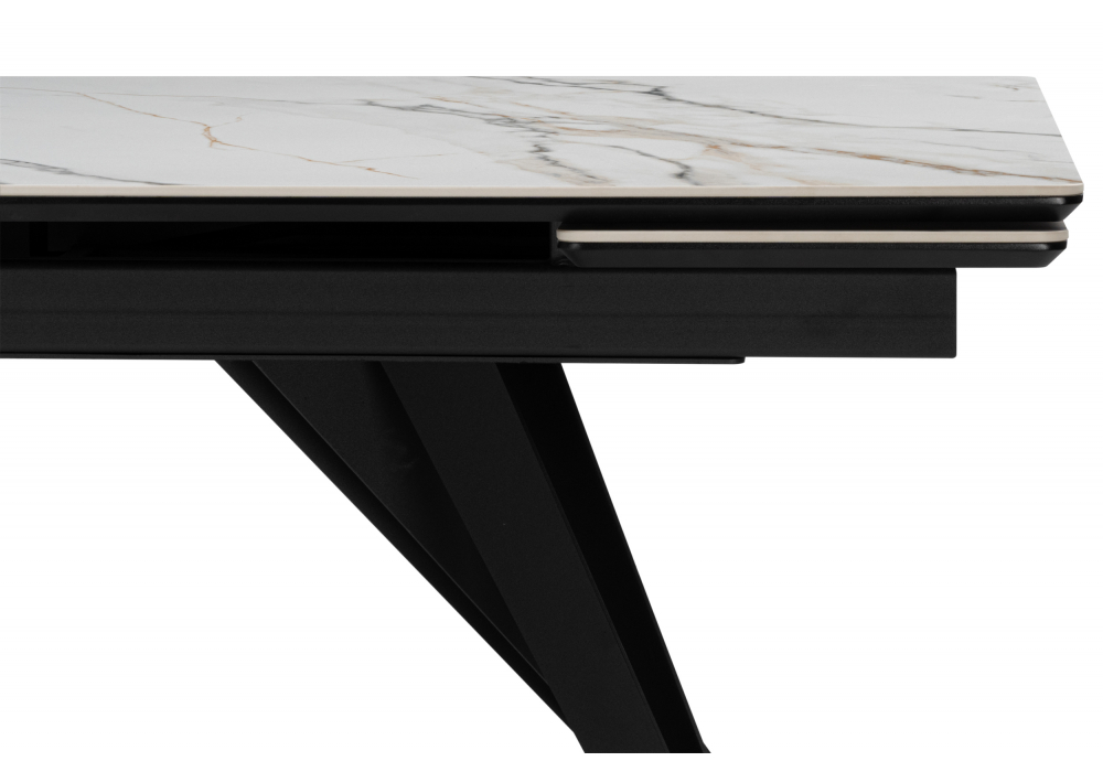 фото керамический стол раскладной 160(220)х89 woodville дарвин белый с прожилками gilt white / черный 625989 | 220svet.ru