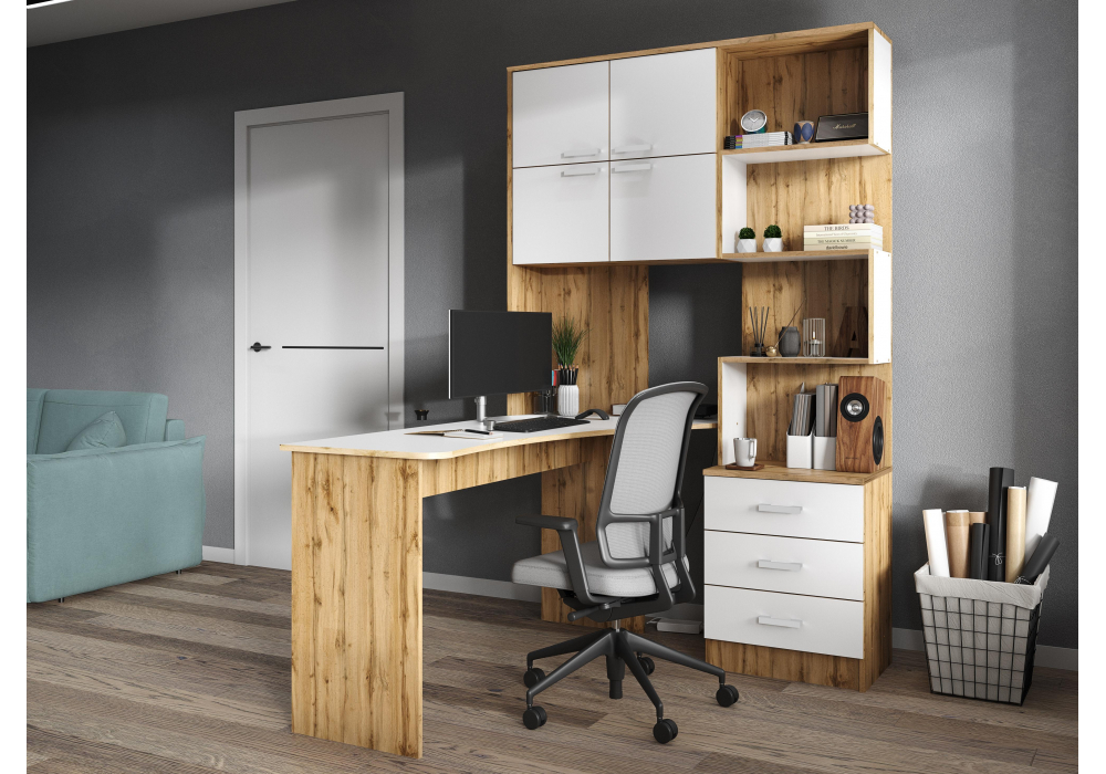 фото компьютерный стол woodville ганор левый дуб вотан / белый 602811 | 220svet.ru